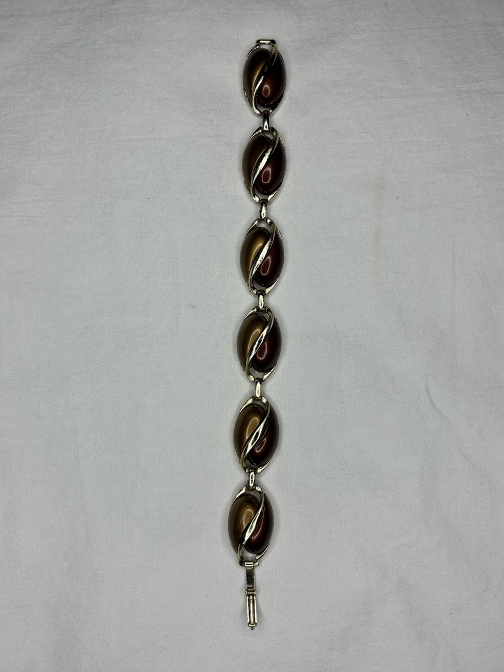 Vintage Silver Tone Brown Thermoset Dainty Bracelet Coffee Bean